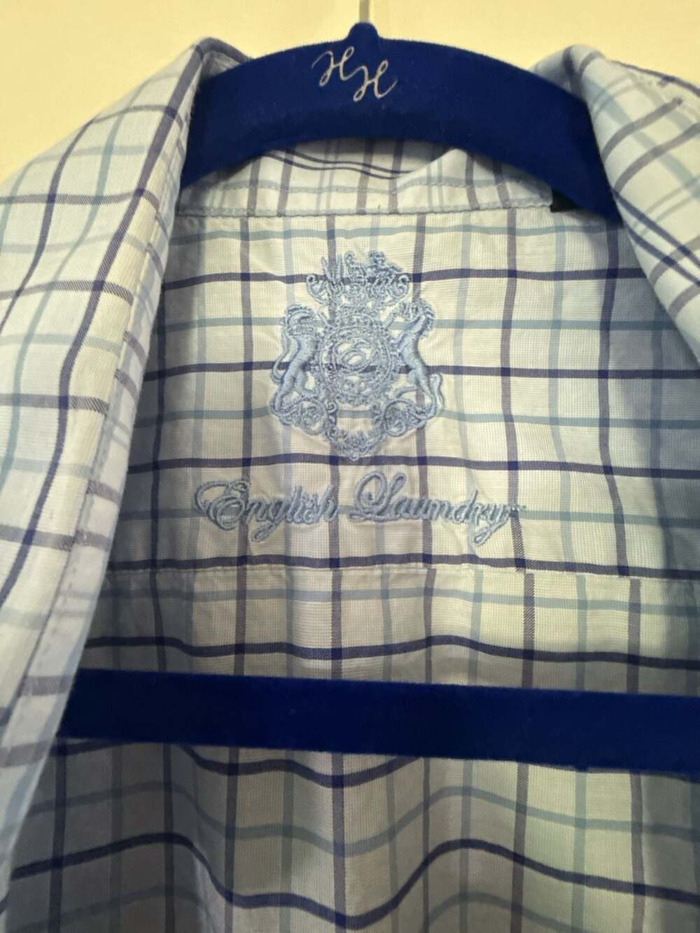 English Laundry Button Up Dress Shirt Size 16 34/35 Blue Plaid Check